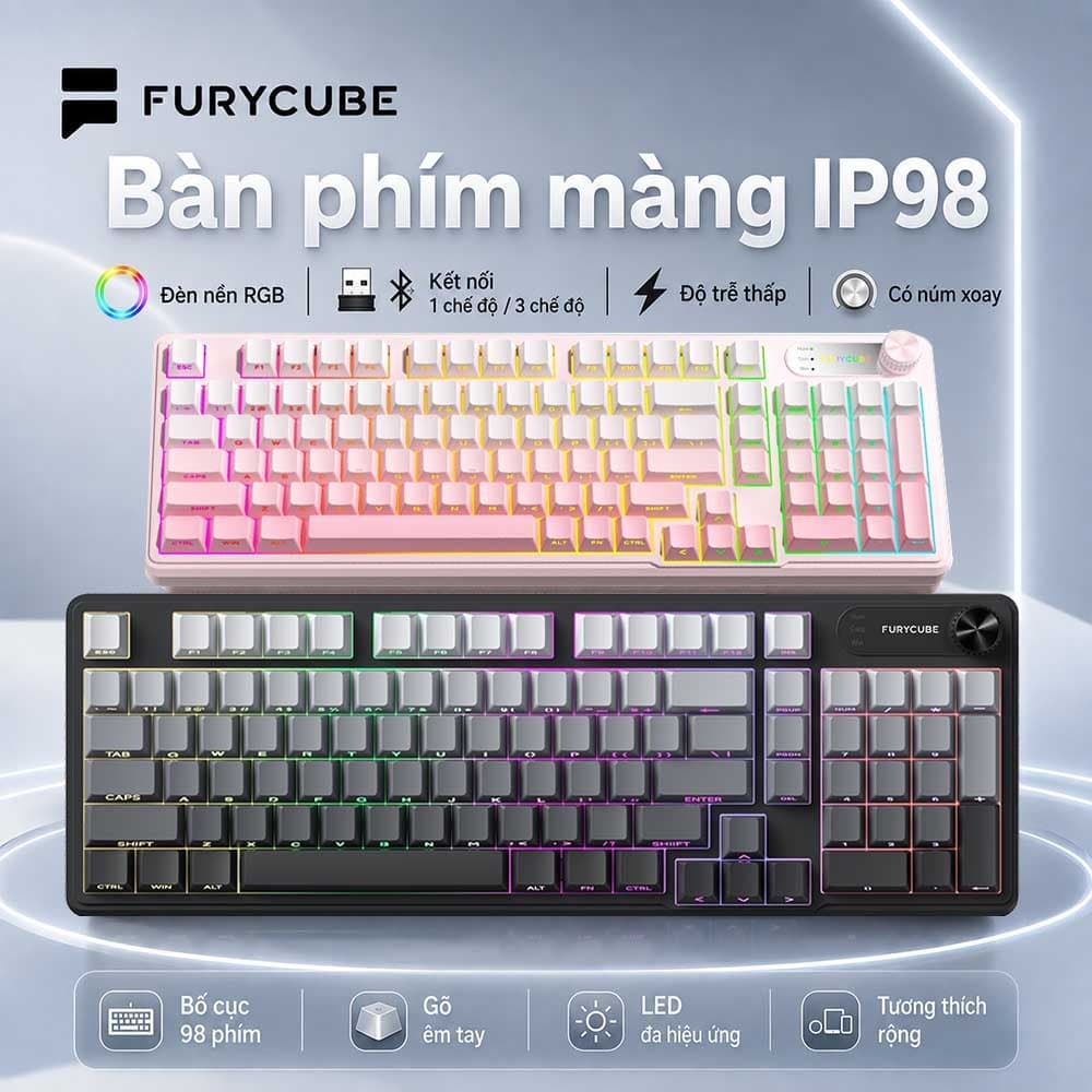 Bàn Phím Không Dây IP98 PRO, Bluetooth 2.4G USB, Không ồn, game/văn phòng, LED RGB, Có núm xoay
