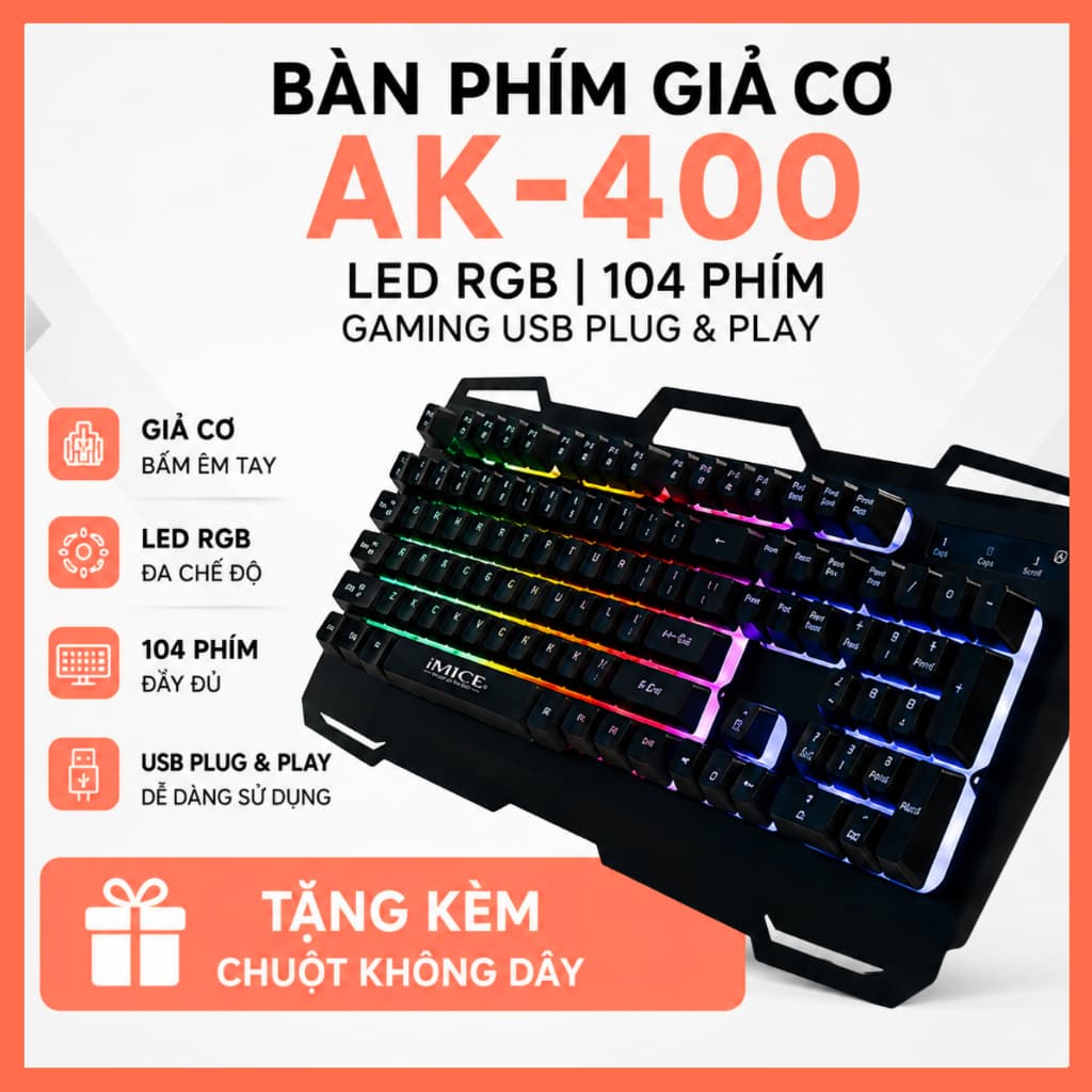Bàn Phím Giả Cơ iMICE AK-400 LED RGB – 104 Phím Gaming USB Plug & Play Tặng Kèm Chuột Máy Tính