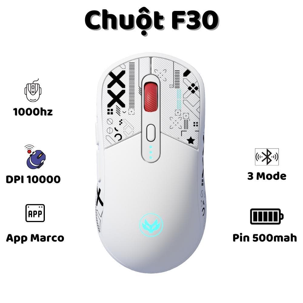 Chuột Silent Gaming Atas F30 Không dây Bluetooth - 3 MODE  - Pin sạc 500mah - Sử dụng liên tục 50h - Có app Marco