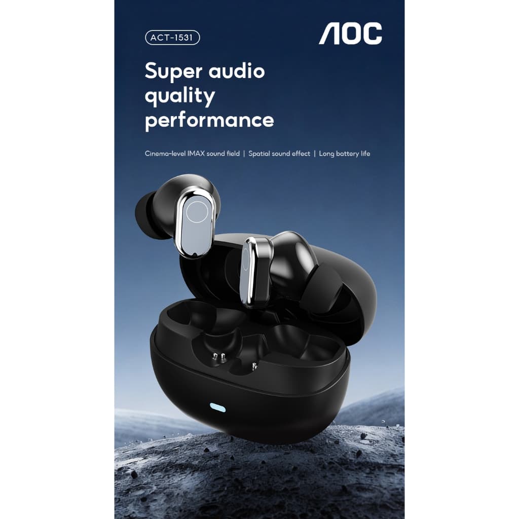 Tai nghe không dây AOC ACT-1531 Tai nghe Bluetooth 6.0 360 Âm thanh vòm không gian Màng tùy chỉnh Tai nghe chơi game có độ trễ thấp 20H Thời gian chơi Điều khiển cảm ứng iOS Android